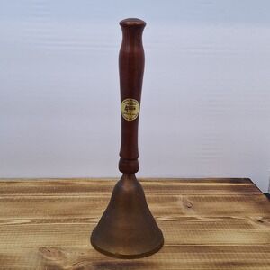 Vintage Etched Brass Teacher Bell Wood Handle 3 X 8 India